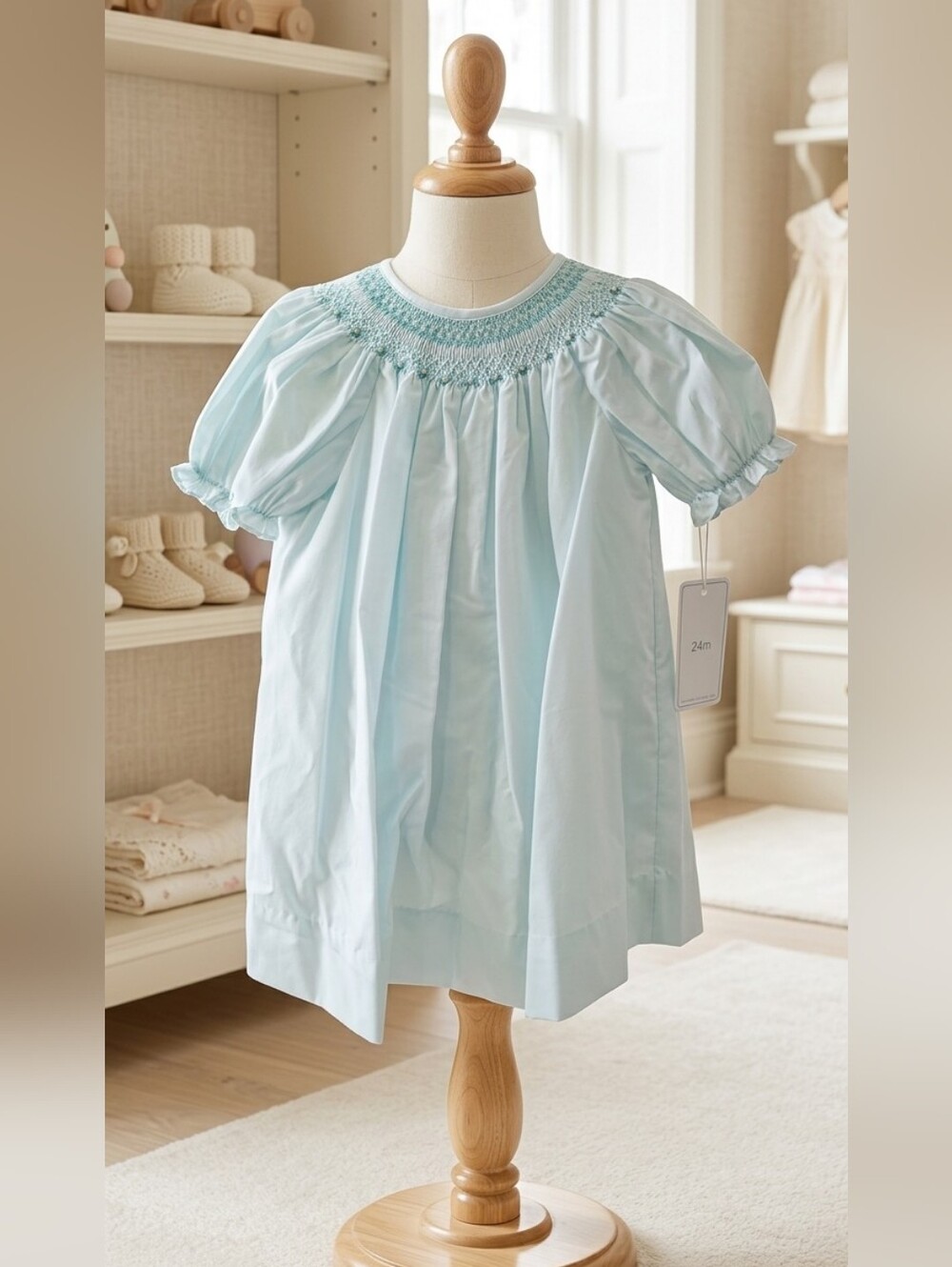 Petit Ami Mint Bishop Smocked Heirloom Dress